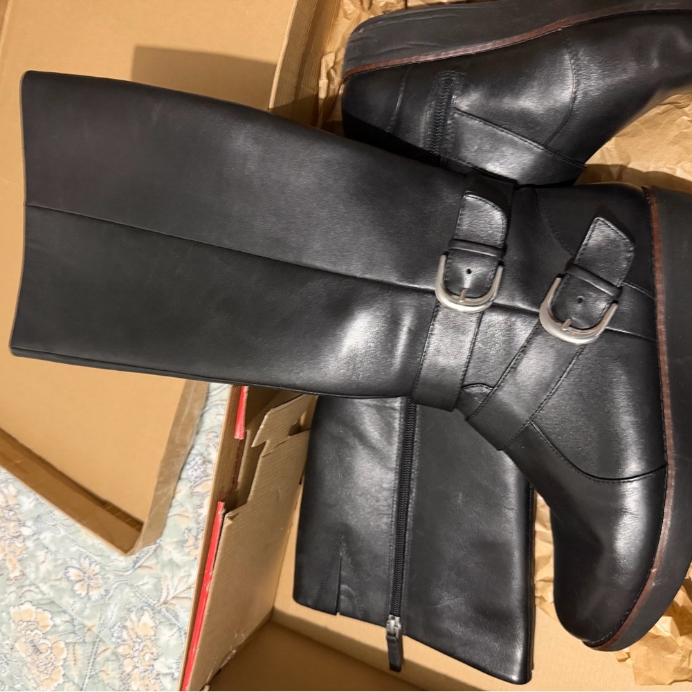 Noemi Black Double Buckle Wedge Boots, Size 7– Fairly Used